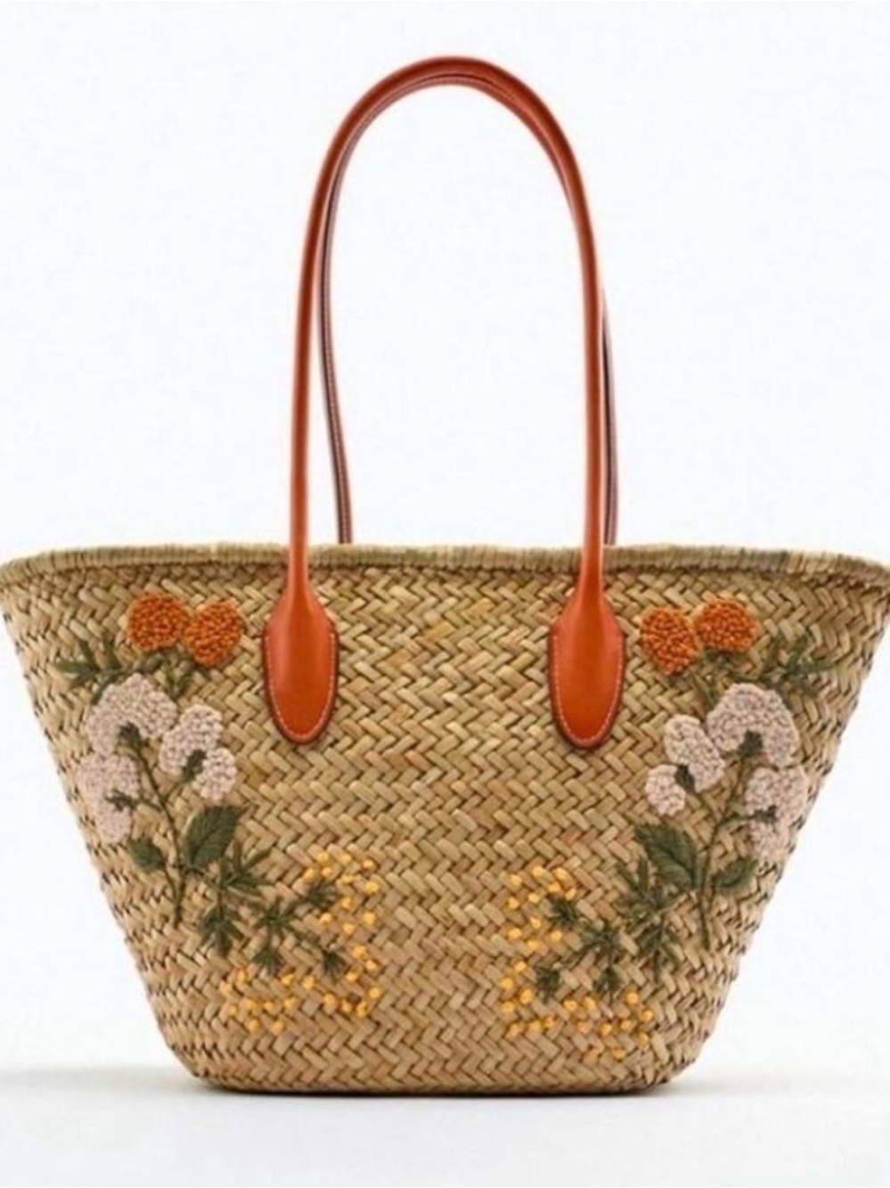 Zara Embroidered Straw Floral Tote Bag with Orange Handles